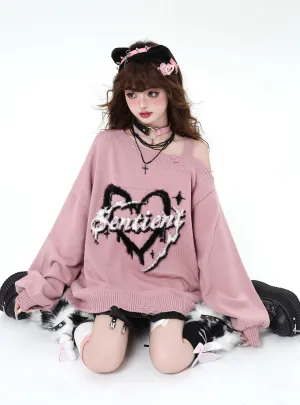 Crazy Girl Sentient Heart Black White Pink Blue Knit Off Shoulder Sweater